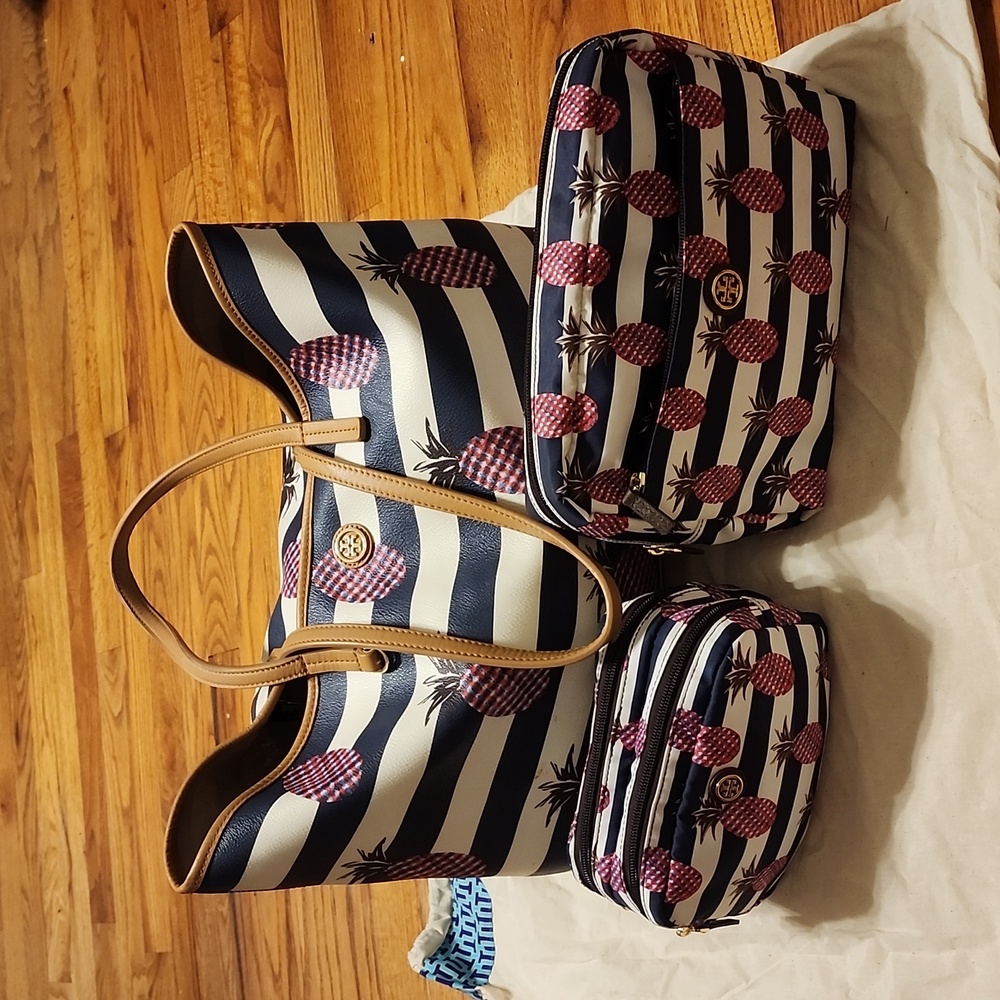 Tory Burch Kerrington Square Tote - Pineapple Stripe PLUS 2 Matching Pouches